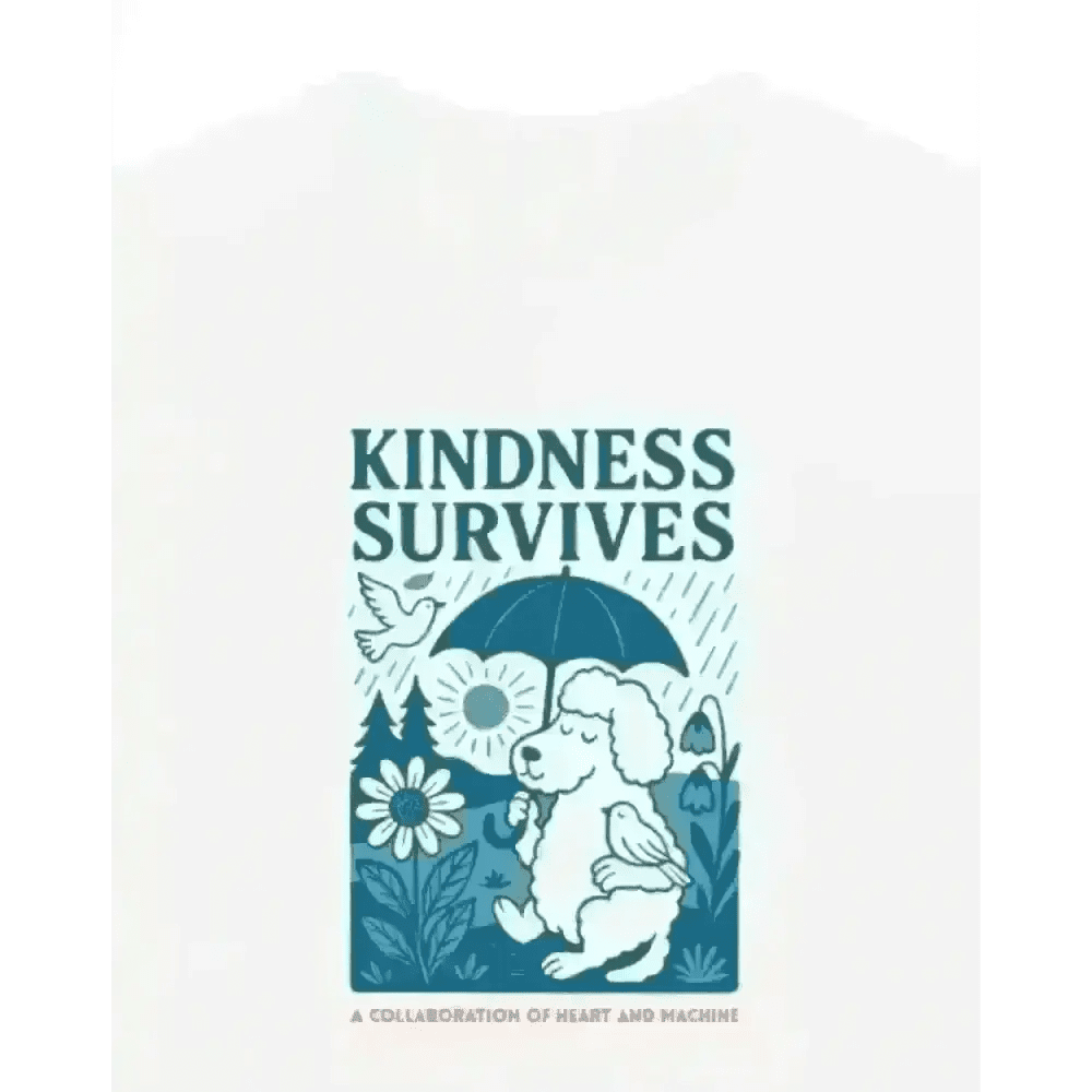 White organic cotton T-shirt with kindness survives graphic of a dog holding an umbrella