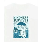 White organic cotton T-shirt with kindness survives graphic of a dog holding an umbrella
