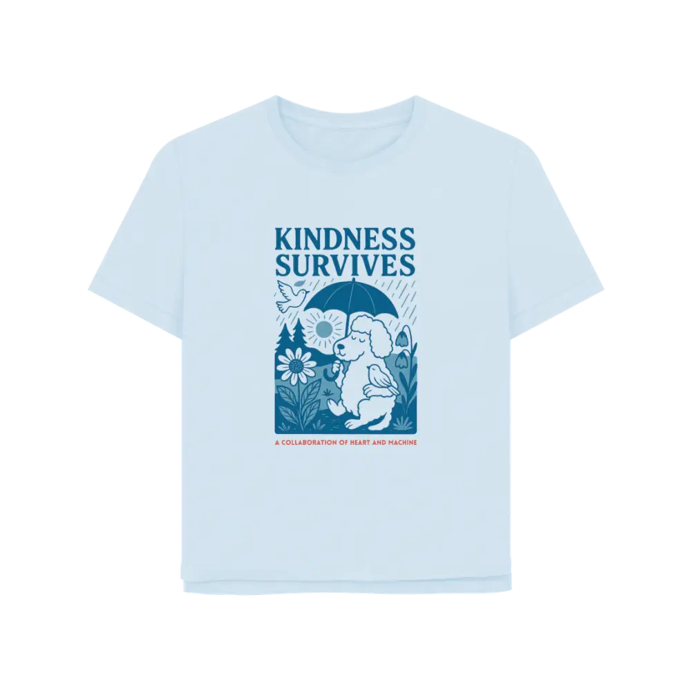 Light blue kindness survives organic cotton T-shirt with elephant graphic and flowers