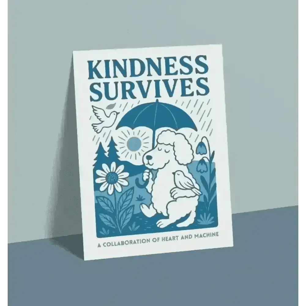 White poodle holding umbrella poster on Kindness Survives postcard