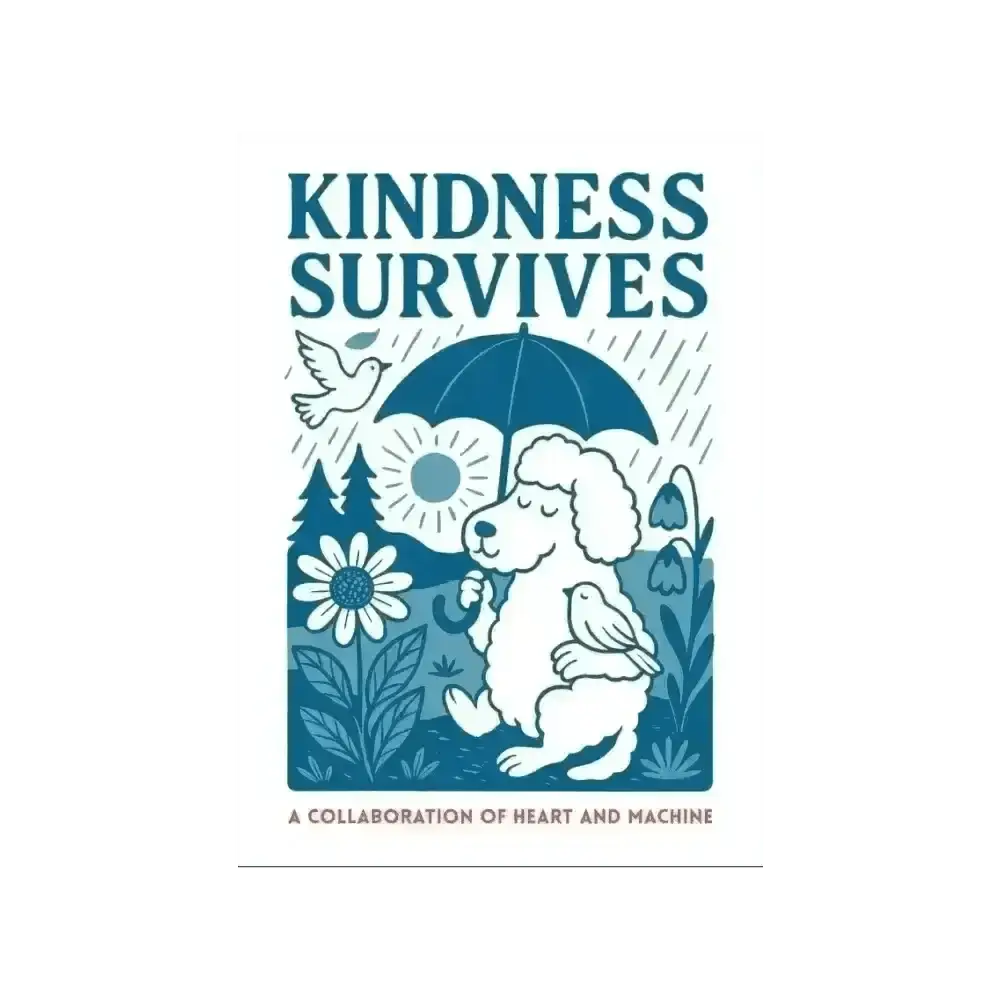 Kindness Survives postcard: blue teddy bear with floral umbrella on white background