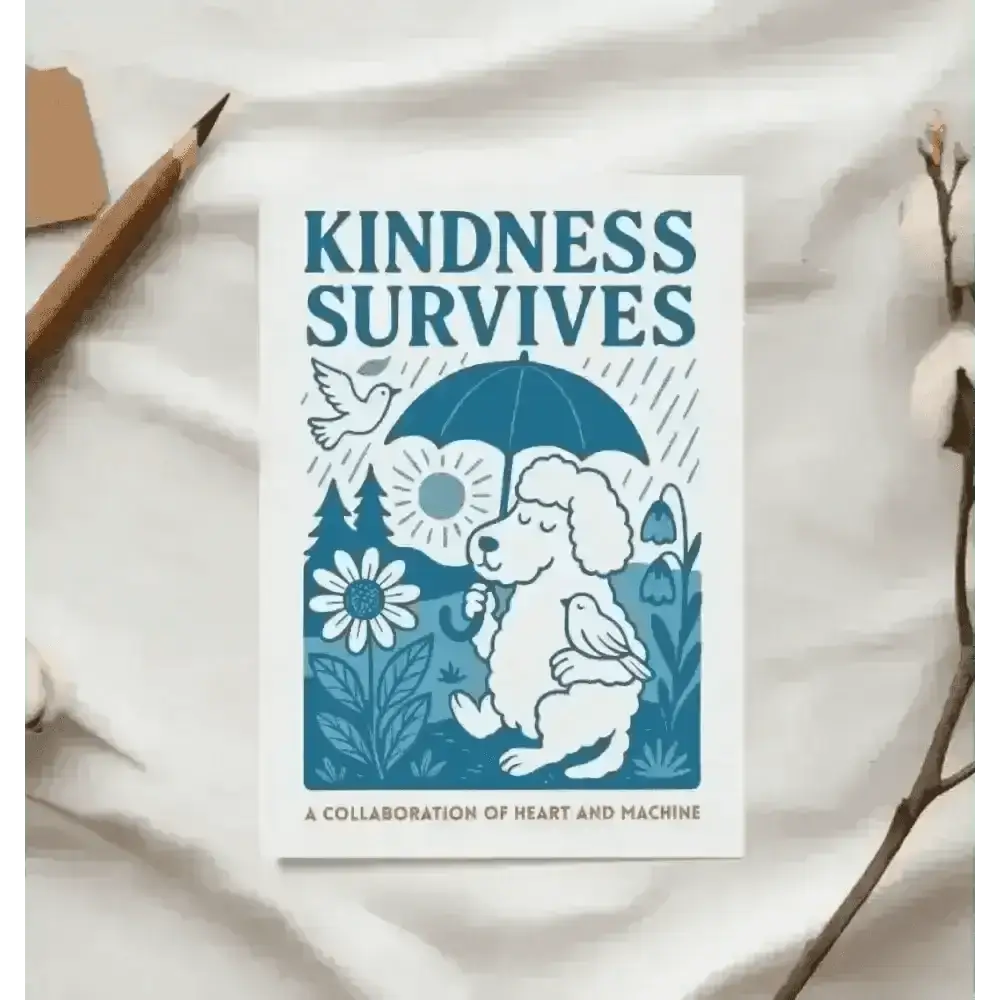 Kindness Survives postcard: blue poodle with umbrella on marble