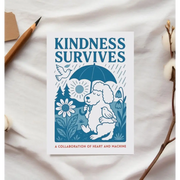 Kindness Survives postcard: blue poodle with umbrella on marble