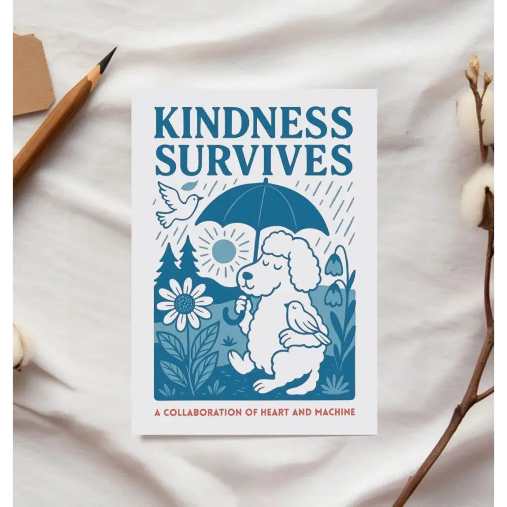 Kindness Survives postcard: blue poodle with umbrella on marble