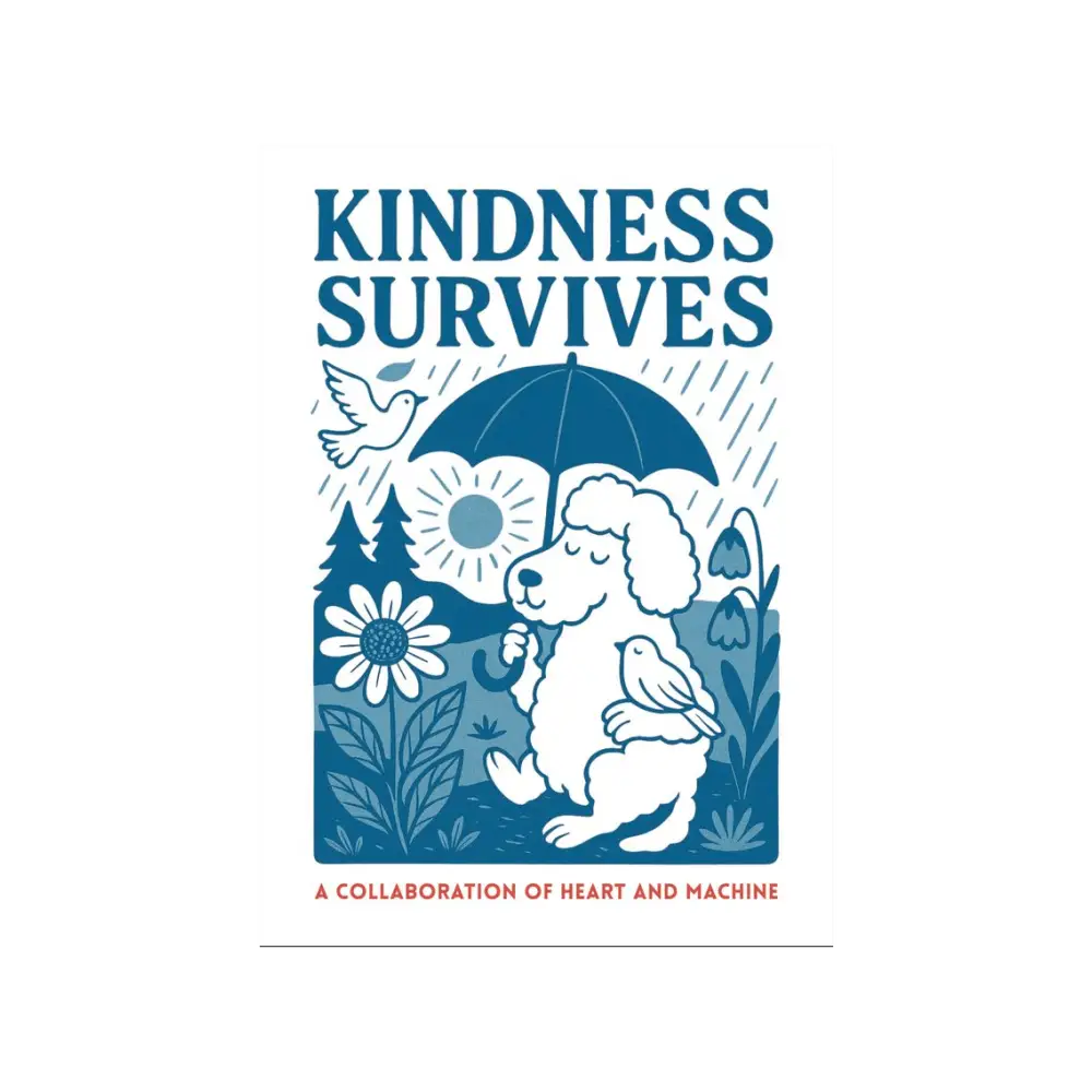 Kindness Survives postcard: blue teddy bear with floral umbrella on white background