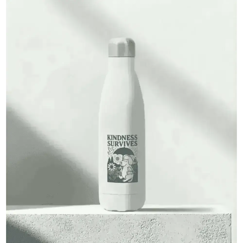 White insulated stainless steel water bottle with blue elephant design and kindness survives text