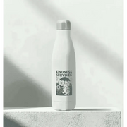 White insulated stainless steel water bottle with blue elephant design and kindness survives text