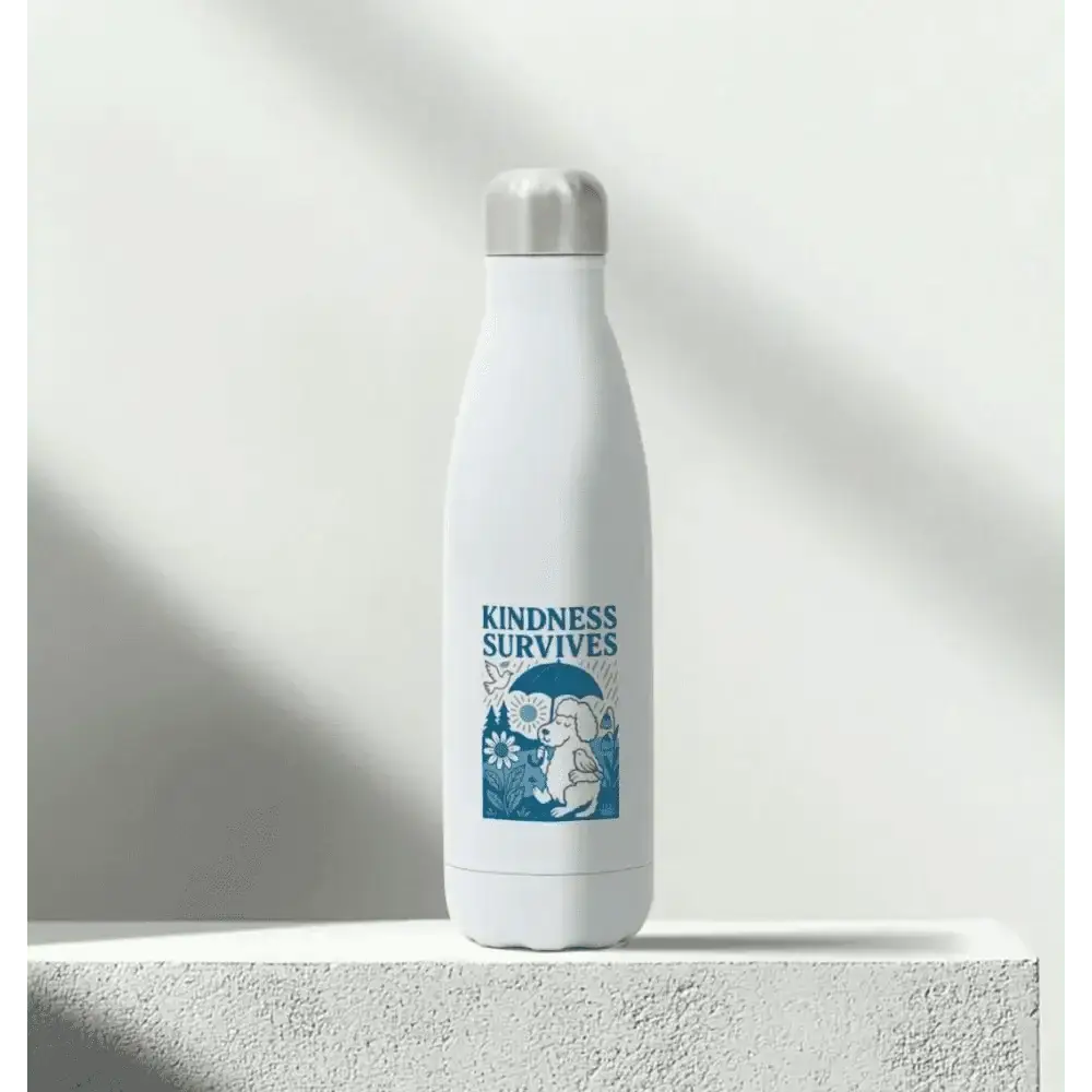 White insulated stainless steel water bottle with blue elephant design and kindness survives text