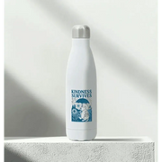 White insulated stainless steel water bottle with blue elephant design and kindness survives text