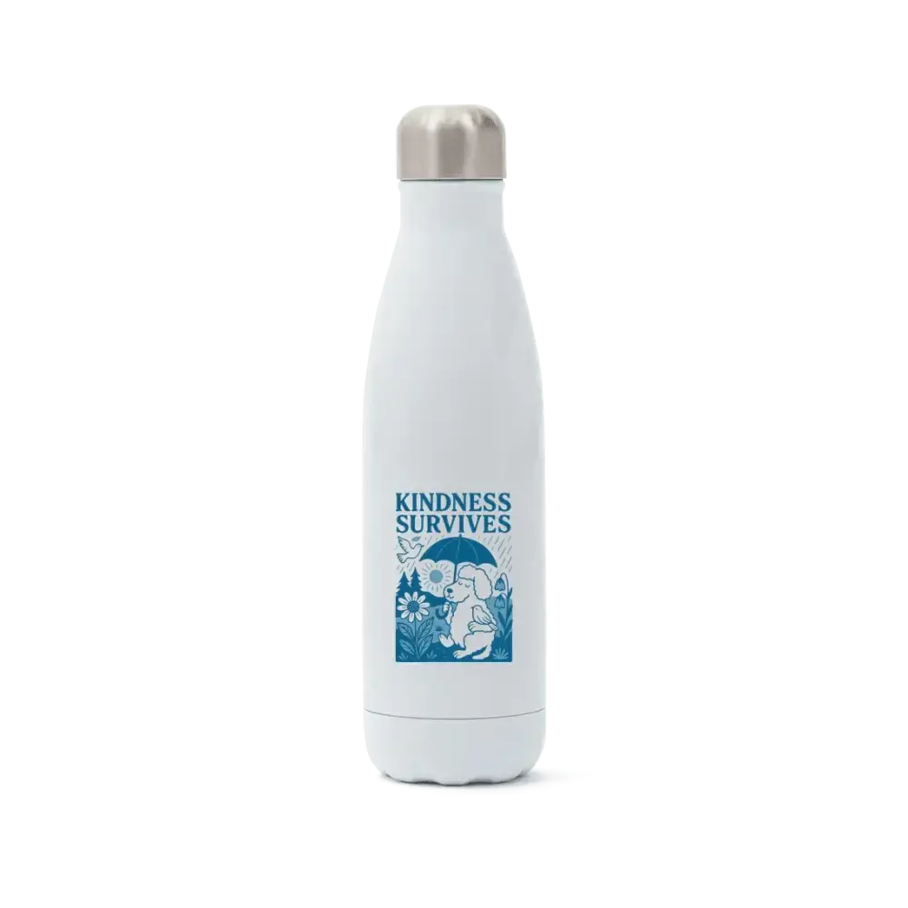 White stainless steel water bottle with a blue and green design featuring a mother and child under an umbrella, labeled kindness survives
