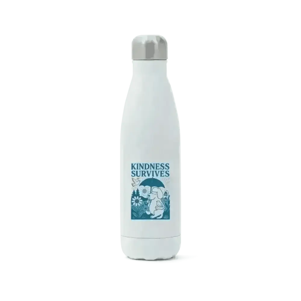 White stainless steel water bottle with a blue and green design featuring a mother and child under an umbrella, labeled kindness survives