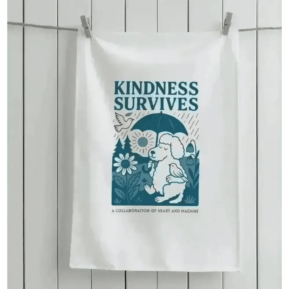 White tea towel with kindness survives design and dog holding umbrella on organic cotton