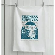 White tea towel with kindness survives design and dog holding umbrella on organic cotton