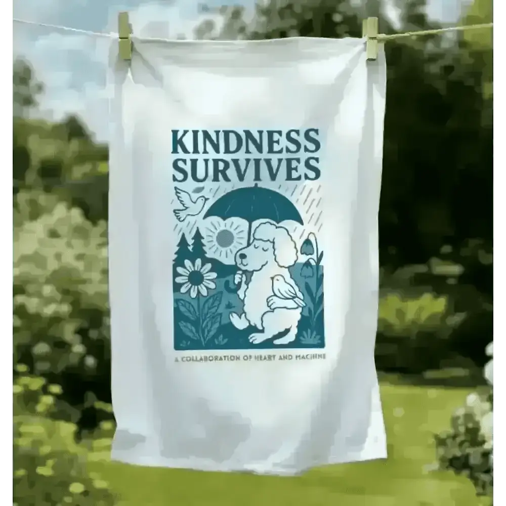 White tea towel with kindness survives bear design on organic cotton, hanging on clothesline