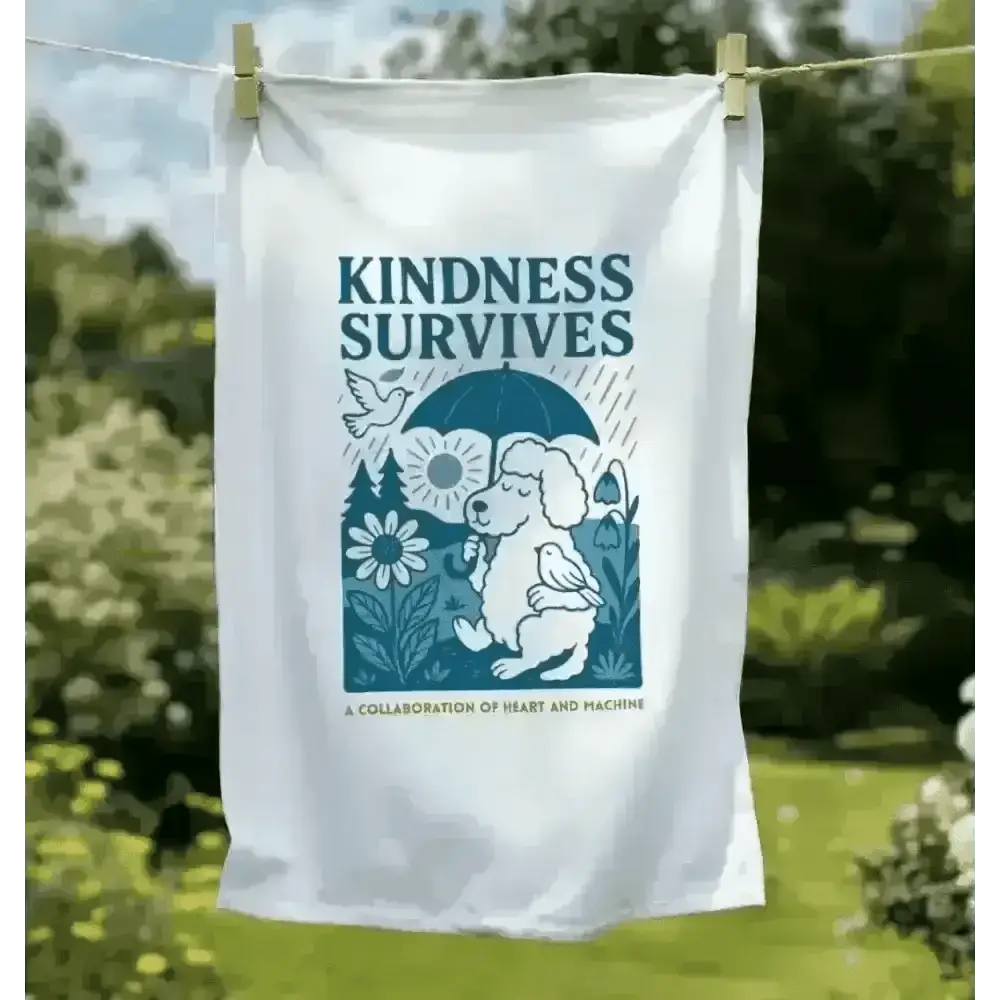 White tea towel with kindness survives bear design on organic cotton, hanging on clothesline