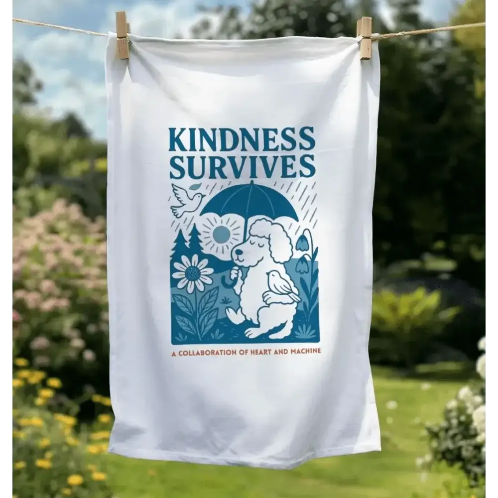 White tea towel with kindness survives bear design on organic cotton, hanging on clothesline