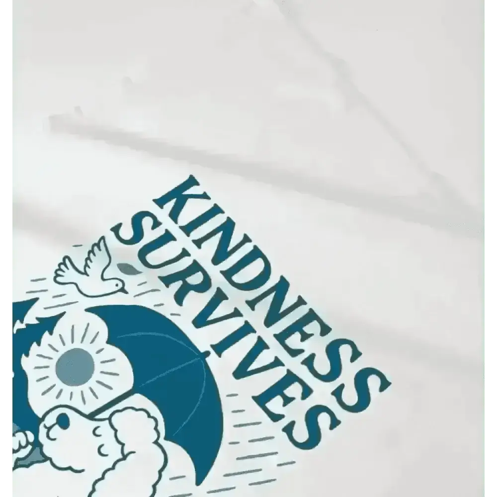 White organic cotton Kindness Survives tee with blue dove and flower graphic design