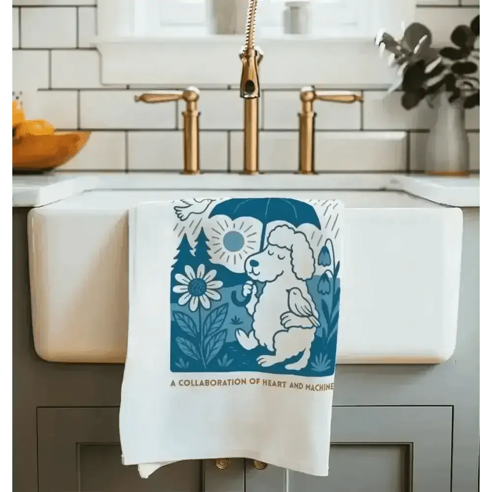 White Kindness Survives Tee Towel with blue floral design on organic cotton fabric hanging on sink handle
