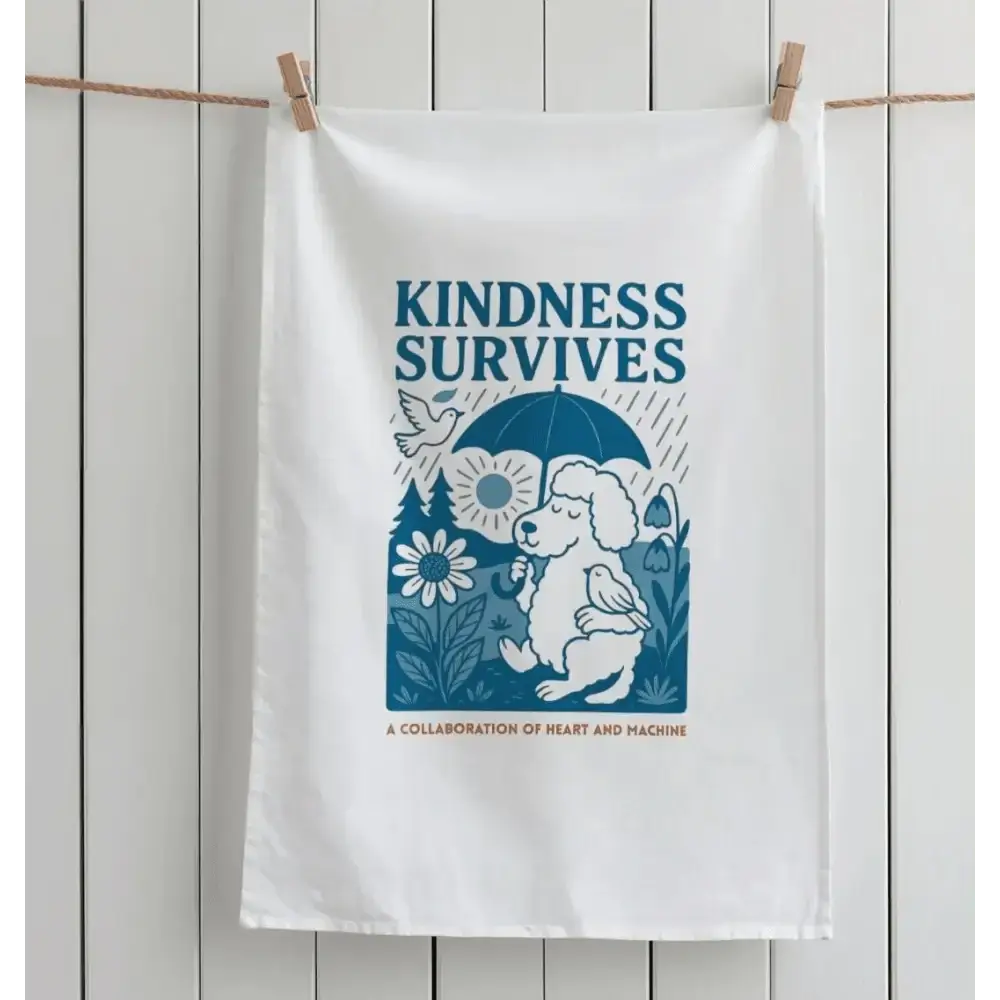 White tea towel with kindness survives design and dog holding umbrella on organic cotton