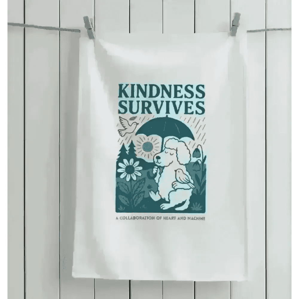 White tea towel with kindness survives design and dog holding umbrella on organic cotton