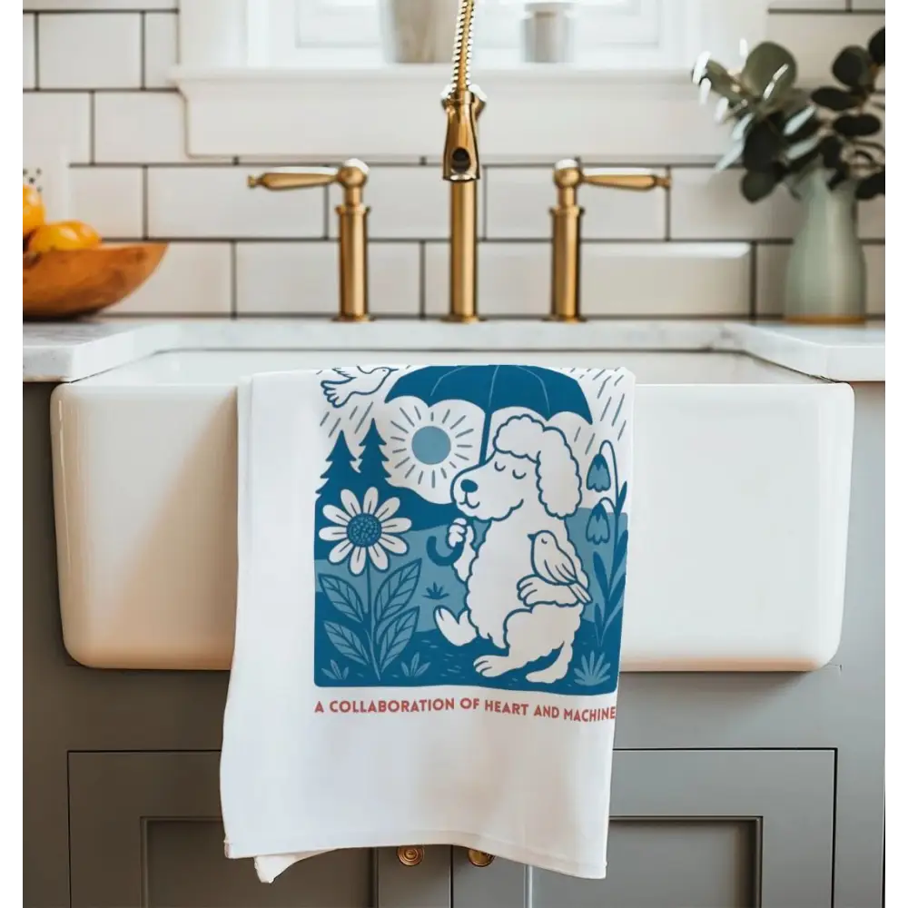 White Kindness Survives Tee Towel with blue floral design on organic cotton fabric hanging on sink handle