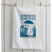 White tea towel with kindness survives design and dog holding umbrella on organic cotton