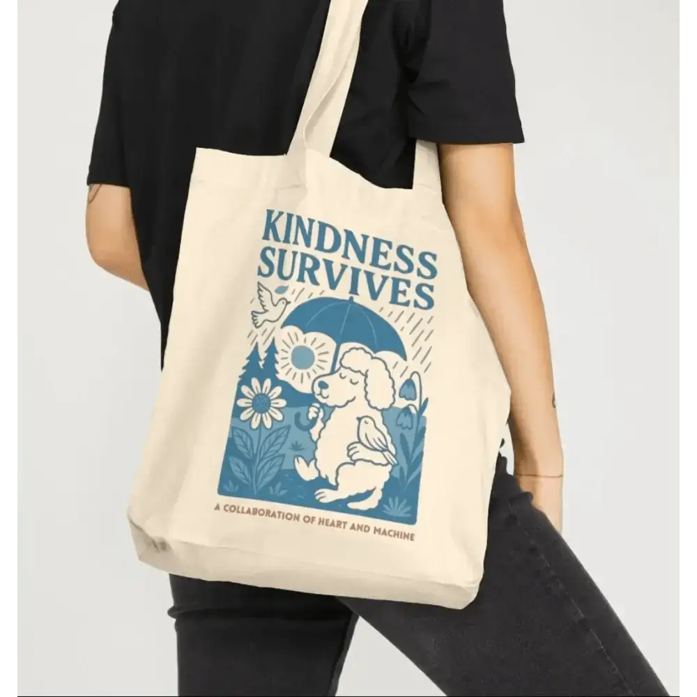 Canvas tote bag with kindness survives design featuring a dog holding an umbrella over flowers
