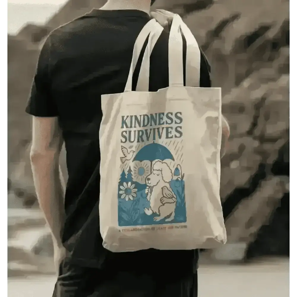Cream-colored tote bag with elephant and bird design and kindness survives text front