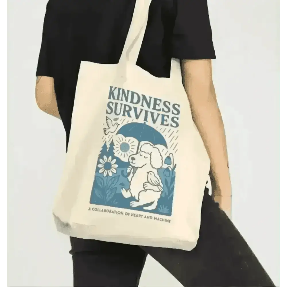 Canvas tote bag with kindness survives design featuring a dog holding an umbrella over flowers