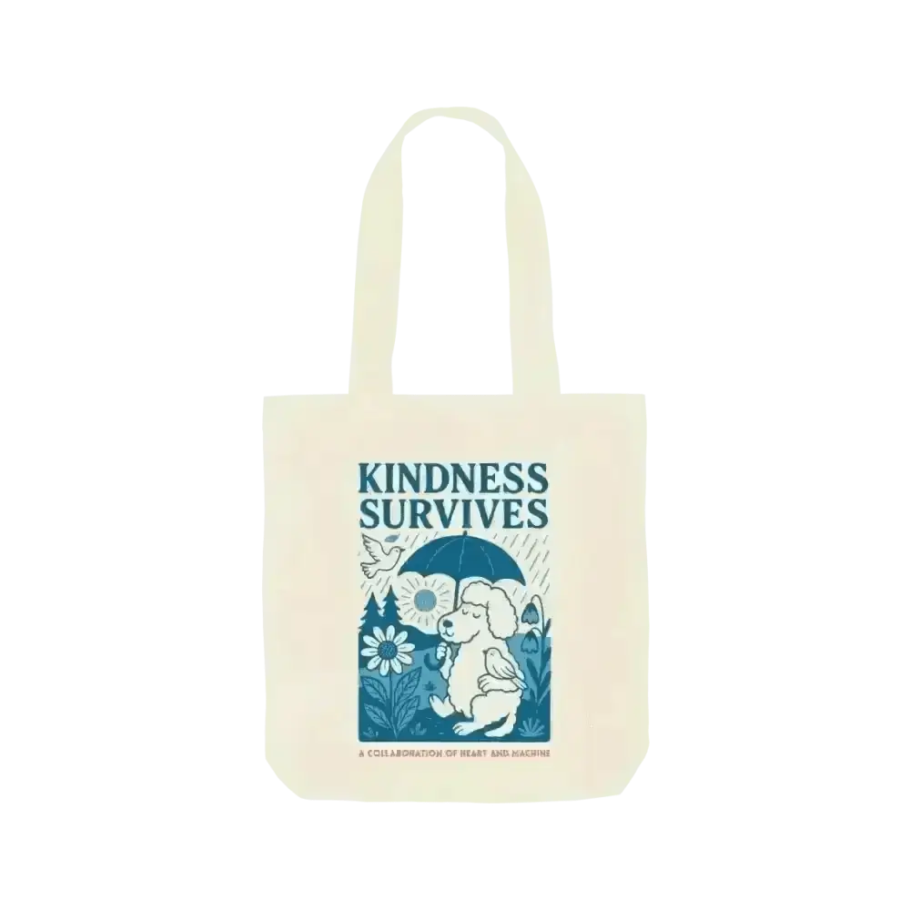 Cream-colored tote bag with blue elephant design and kindness survives message for natural cat treats