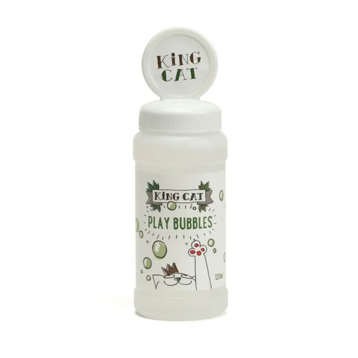 White bottle labeled 'King Cat Play Bubbles' on a white background