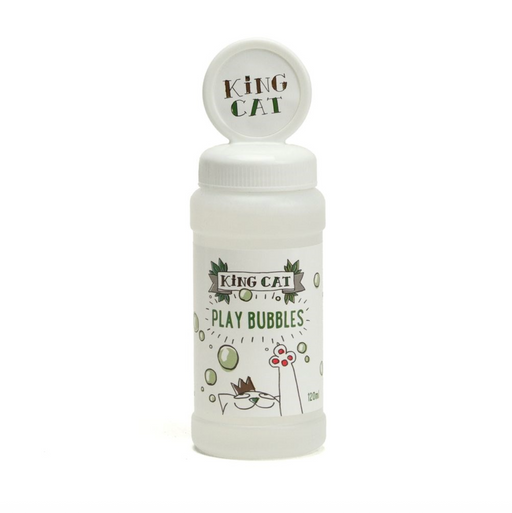 White bottle labeled 'King Cat Play Bubbles' on a white background