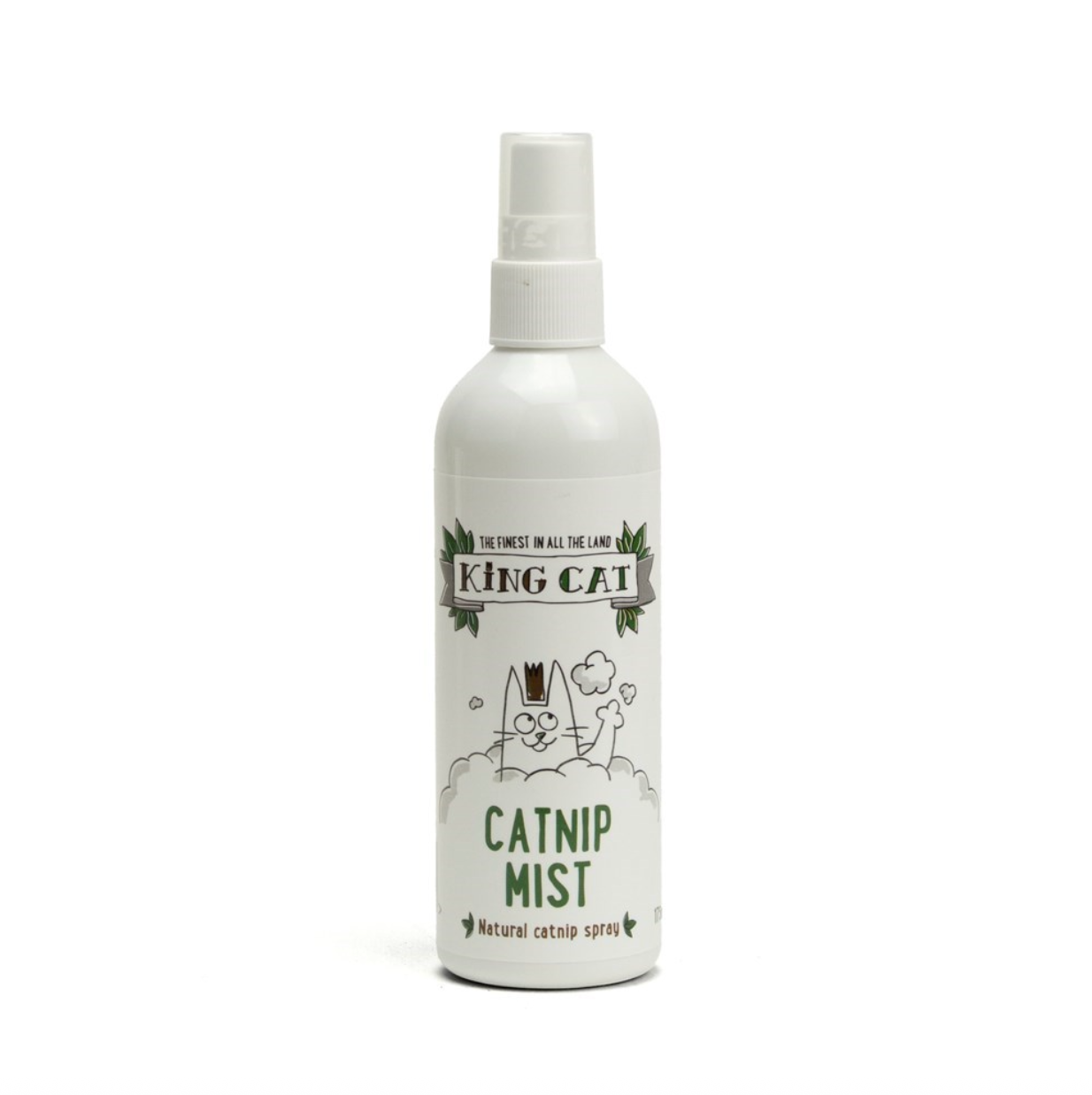 White spray bottle labeled 'King Cat Catnip Mist' on a white background