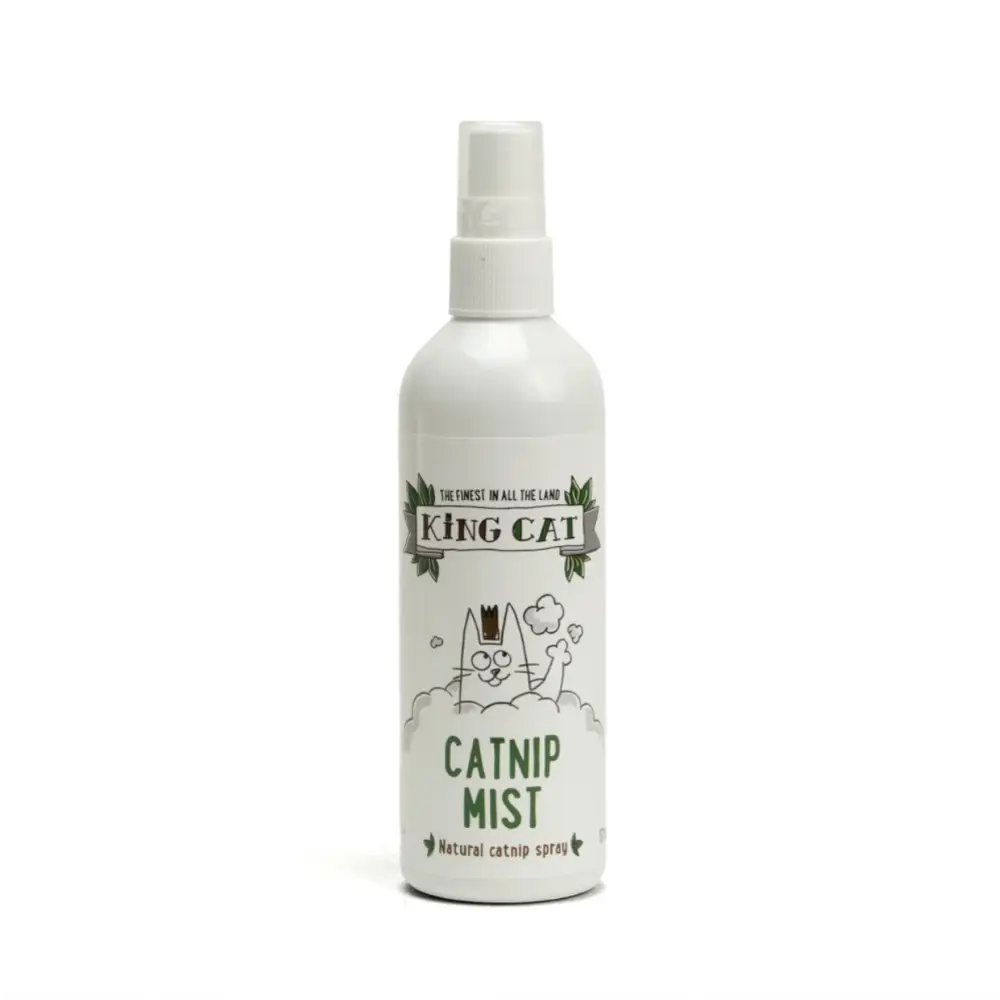 White spray bottle labeled 'King Cat Catnip Mist' on a white background