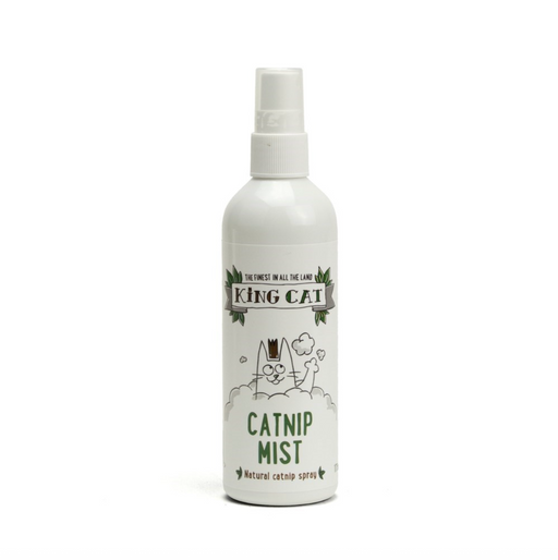 White spray bottle labeled 'King Cat Catnip Mist' on a white background