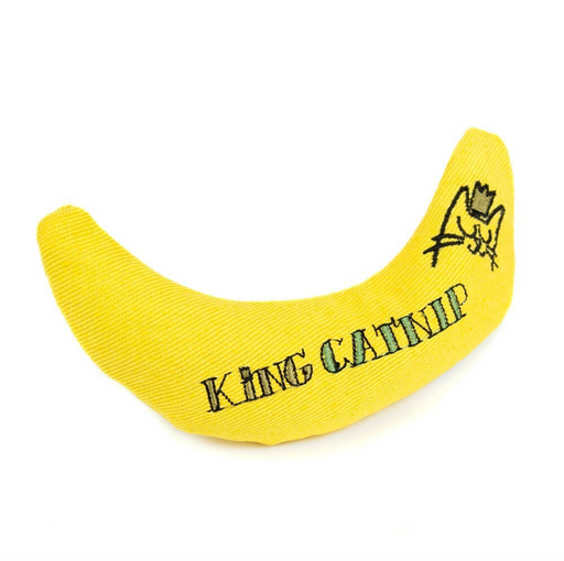 Yellow curved object with 'King Catnip' text on a white background