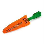 Orange carrot-shaped cat toy with green stem and King Catnip logo, ethically sourced