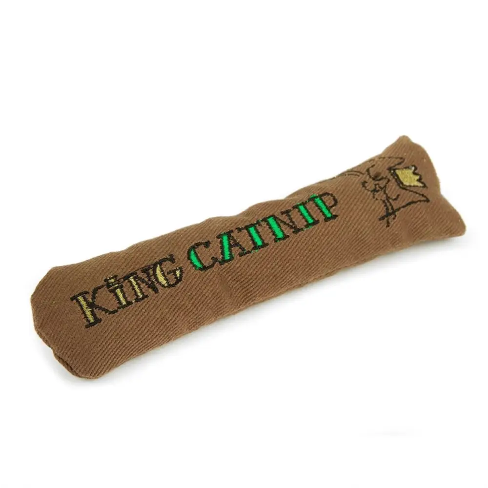 King Catnip Cigar cat toy with brown fabric and green text design