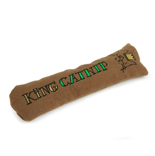 Brown catnip toy with 'KING CATNIP' text on a white background