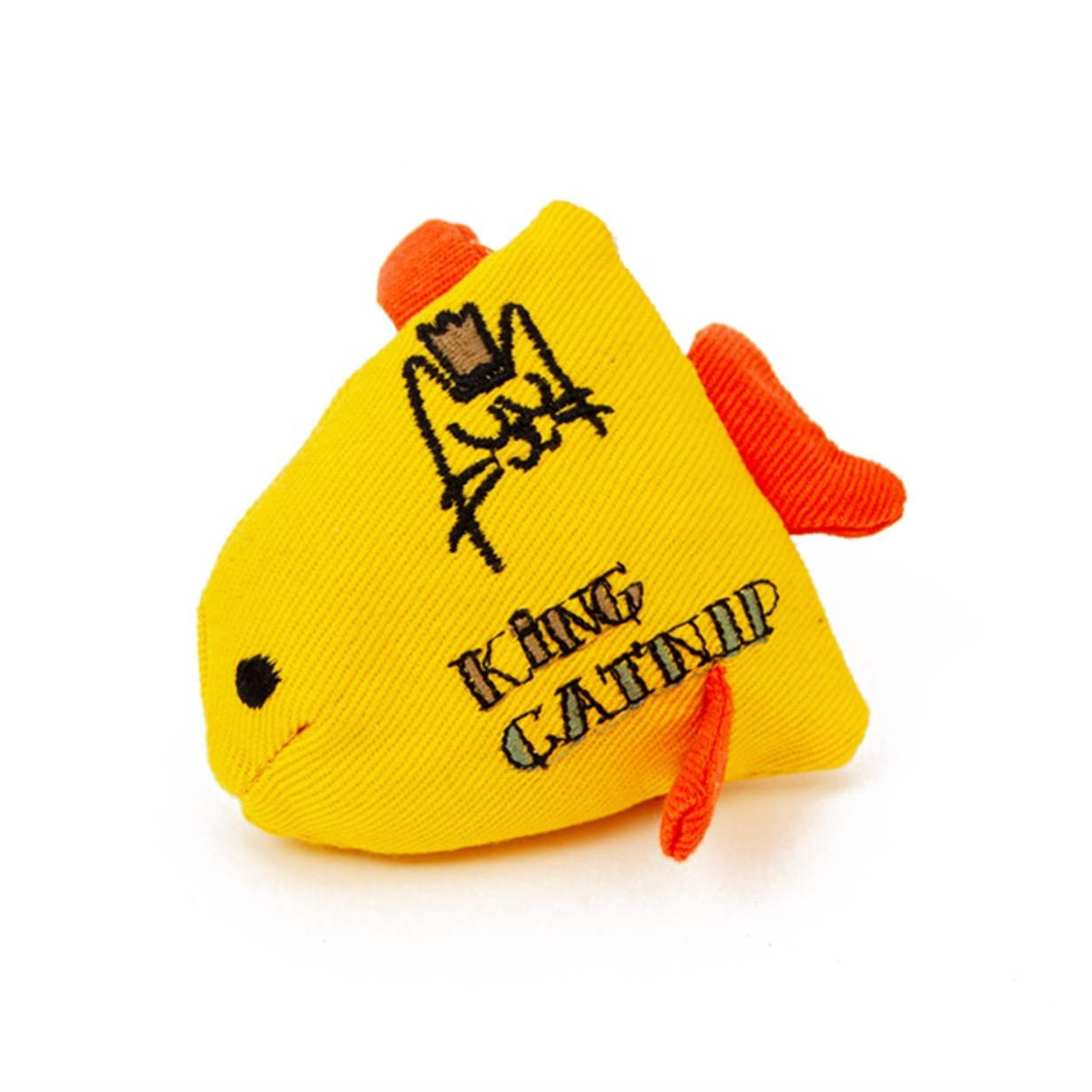 Yellow fish-shaped toy with 'King Catnip' text on a white background
