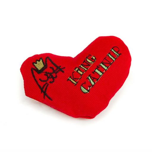 Red heart-shaped pillow with 'King Calvin' text and logo on a white background