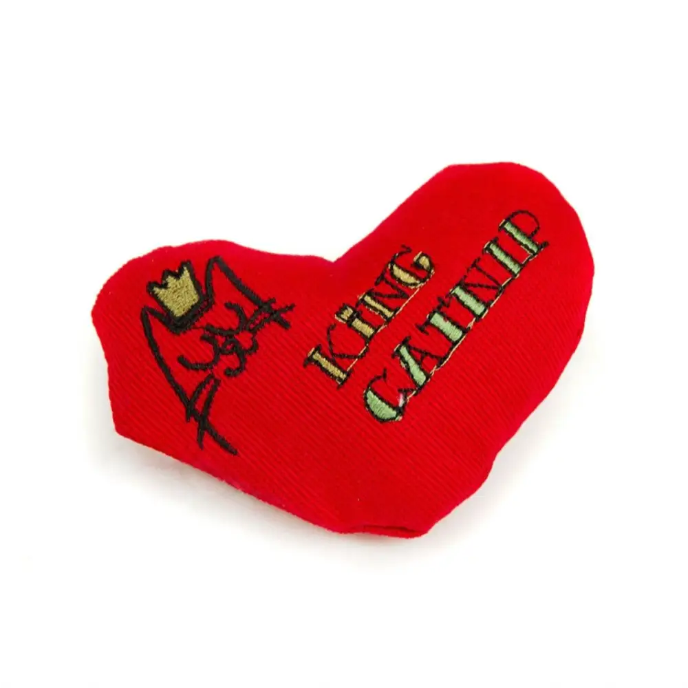 Red King Catnip Heart cat toy with gold lettering and crown motif
