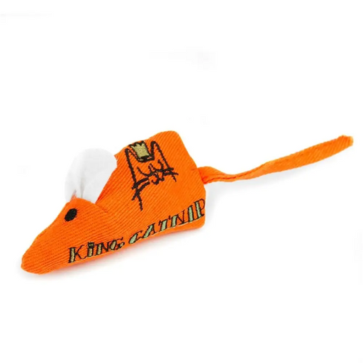 Orange mouse-shaped toy with a white tail on a white background