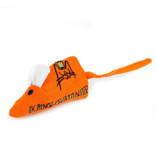 Orange mouse-shaped toy with a white tail on a white background