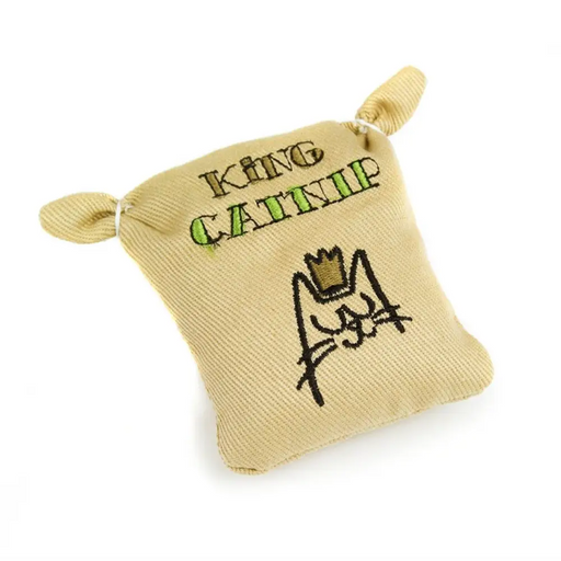 Beige catnip pouch with 'King Catnip' text and cat illustration on a white background