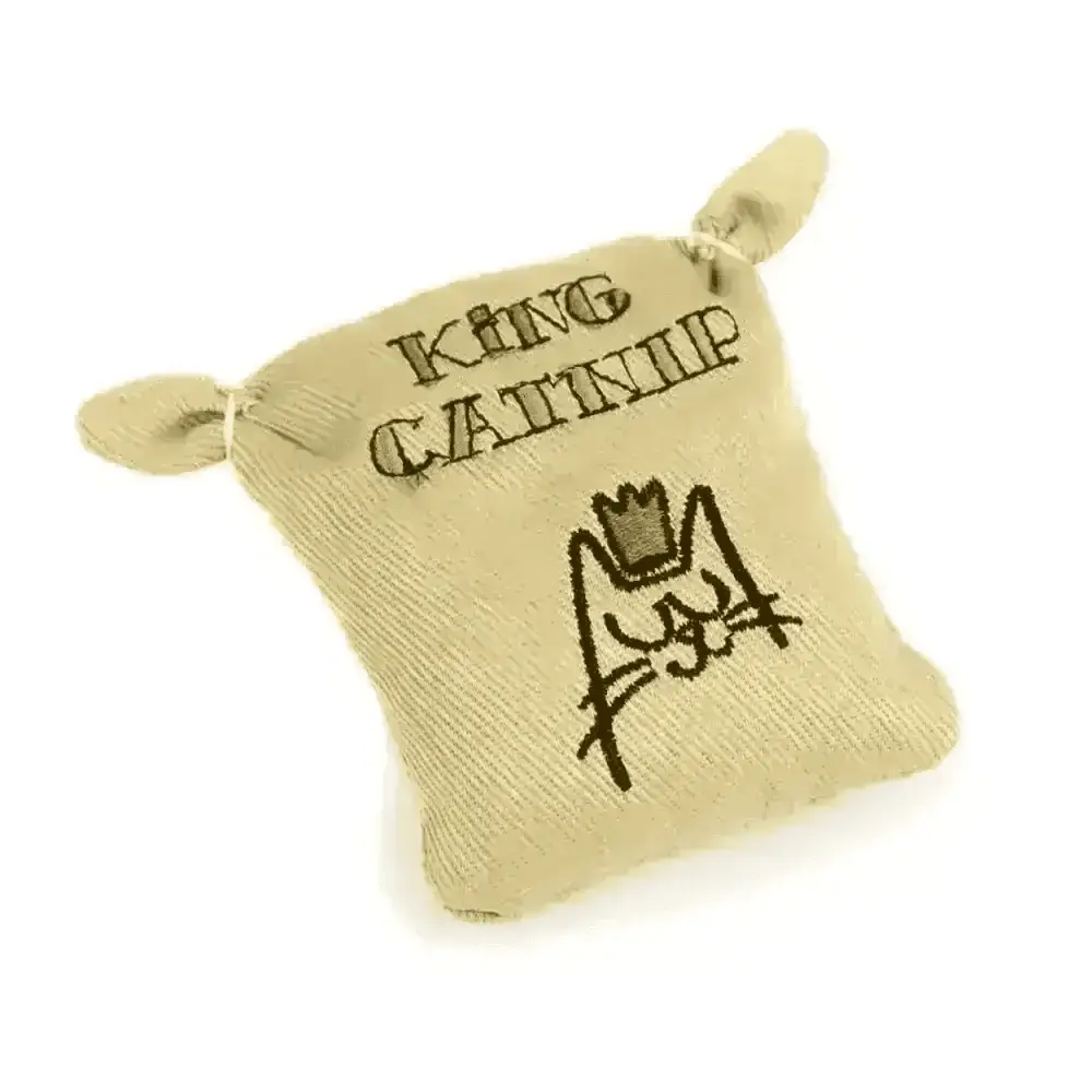 King Catnip Sack with crown design, beige fabric, and green text for natural cat food