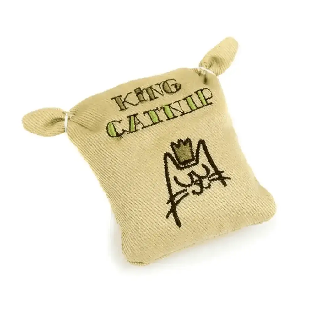 King Catnip Sack with crown design, beige fabric, and green text for natural cat food