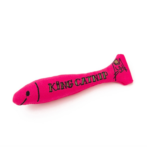 Pink catnip toy with 'King Catnip' text on a white background