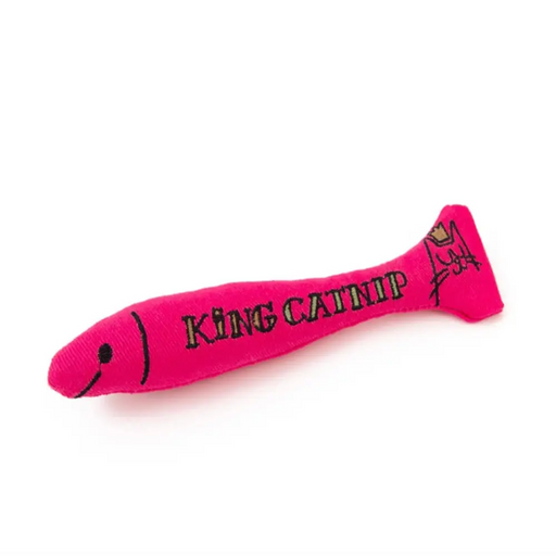 Pink catnip toy with 'King Catnip' text on a white background
