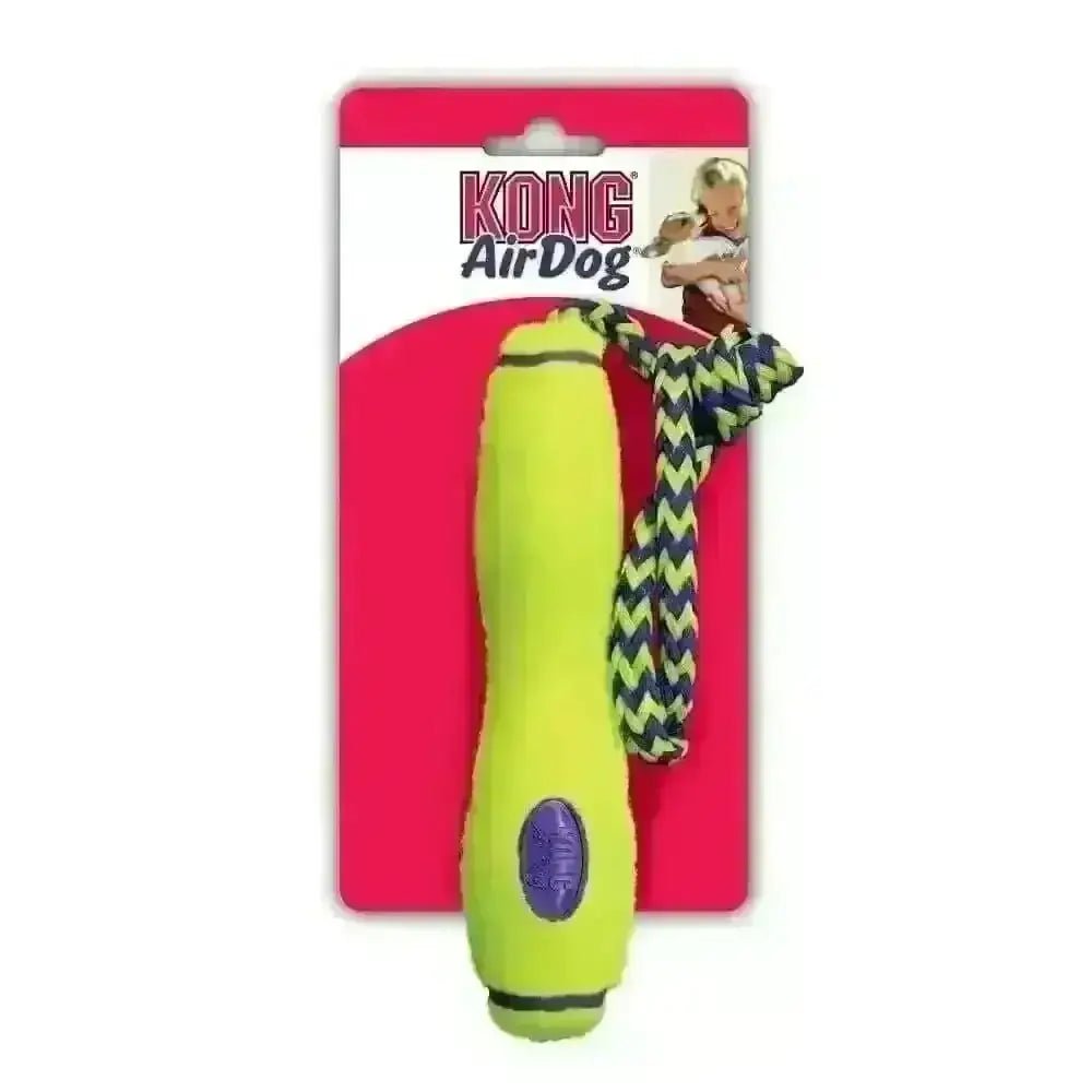 KONG Air Fetch Stick toy in bright neon green with blue lime rope handle